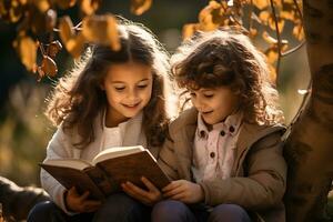 un niño es leyendo un libro en otoño parque. linda niños teniendo divertido al aire libre ai generativo foto