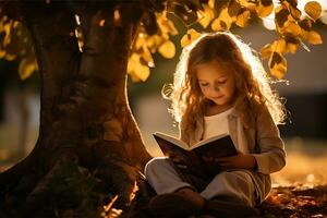 un niño es leyendo un libro en otoño parque. linda niños teniendo divertido al aire libre ai generativo foto