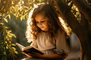 A child is reading a book in Autumn Park. Cute children having fun outdoors AI Generative photo
