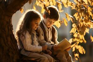 un niño es leyendo un libro en otoño parque. linda niños teniendo divertido al aire libre ai generativo foto