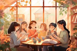 grupo de joven personas sentado en un café y leyendo un libro. ilustración en plano estilo ai generativo foto