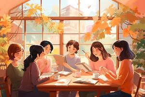 grupo de joven personas sentado en un café y leyendo un libro. ilustración en plano estilo ai generativo foto