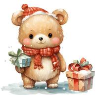 Cute teddy bear holding a stack of Christmas gifts on white background illustration AI Generative photo