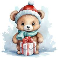 linda osito de peluche oso participación un apilar de Navidad regalos en blanco antecedentes ilustración ai generativo foto