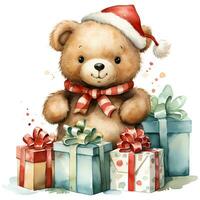 Cute teddy bear holding a stack of Christmas gifts on white background illustration AI Generative photo