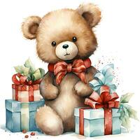 Cute teddy bear holding a stack of Christmas gifts on white background illustration AI Generative photo