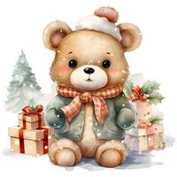 linda osito de peluche oso participación un apilar de Navidad regalos en blanco antecedentes ilustración ai generativo foto