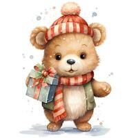 Cute teddy bear holding a stack of Christmas gifts on white background illustration AI Generative photo