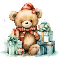 Cute teddy bear holding a stack of Christmas gifts on white background illustration AI Generative photo