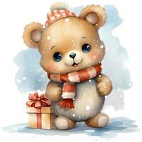 Cute teddy bear holding a stack of Christmas gifts on white background illustration AI Generative photo