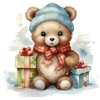 Cute teddy bear holding a stack of Christmas gifts on white background illustration AI Generative photo