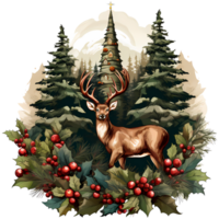 Raindeer with christmas tree in the forest. Watercolor illustration AI Generative png