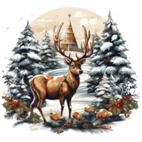 Raindeer with christmas tree in the forest. Watercolor illustration AI Generative png