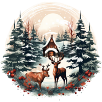Raindeer with christmas tree in the forest. Watercolor illustration AI Generative png