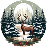 Raindeer with christmas tree in the forest. Watercolor illustration AI Generative png