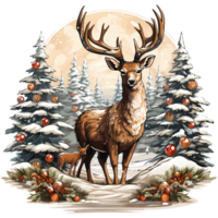 Raindeer with christmas tree in the forest. Watercolor illustration AI Generative png