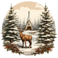 Raindeer with christmas tree in the forest. Watercolor illustration AI Generative png