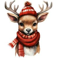 Reindeer in Santa Hat isolated on a white background Watercolor illustration, AI Generative photo