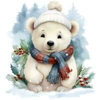 A white polar bear in a Santa Claus hat and scarf sits on a snowy background AI Generative photo