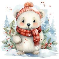 A white polar bear in a Santa Claus hat and scarf sits on a snowy background AI Generative photo