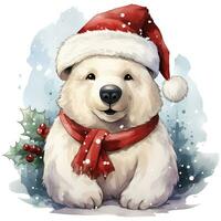 A white polar bear in a Santa Claus hat and scarf sits on a snowy background AI Generative photo