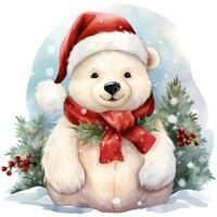 A white polar bear in a Santa Claus hat and scarf sits on a snowy background AI Generative photo