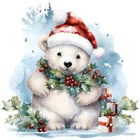 A white polar bear in a Santa Claus hat and scarf sits on a snowy background AI Generative photo