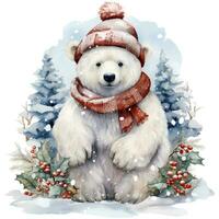 A white polar bear in a Santa Claus hat and scarf sits on a snowy background AI Generative photo