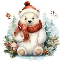 A white polar bear in a Santa Claus hat and scarf sits on a snowy background AI Generative photo