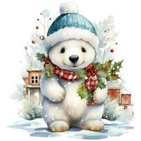 A white polar bear in a Santa Claus hat and scarf sits on a snowy background AI Generative photo