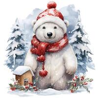 A white polar bear in a Santa Claus hat and scarf sits on a snowy background AI Generative photo