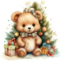 Cute teddy bear in a Santa Claus hat with a gift and a Christmas tree AI Generative photo