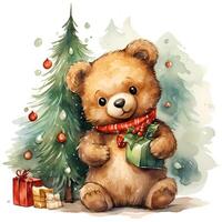 Cute teddy bear in a Santa Claus hat with a gift and a Christmas tree AI Generative photo