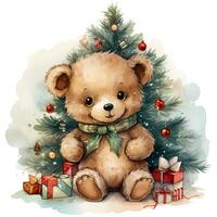 linda osito de peluche oso en un Papa Noel claus sombrero con un regalo y un Navidad árbol ai generativo foto