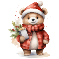 Cute teddy bear in a Santa Claus hat with a gift AI Generative png