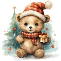 Cute teddy bear in a Santa Claus hat with a gift and a Christmas tree AI Generative photo