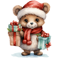 Cute teddy bear in a Santa Claus hat with a gift AI Generative png