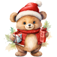 Cute teddy bear in a Santa Claus hat with a gift AI Generative png