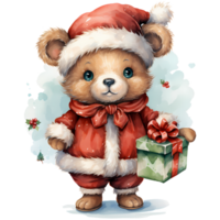 Cute teddy bear in a Santa Claus hat with a gift AI Generative png