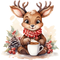 linda dibujos animados reno con taza de café y Navidad decoración ai generativo png