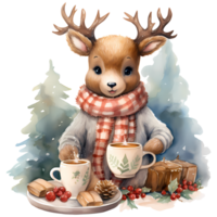 Cute cartoon reindeer with cup of coffee and christmas decoration AI Genrative png