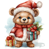 Cute teddy bear in a Santa Claus hat with a gift AI Generative png