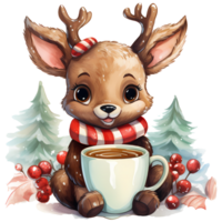 Cute cartoon reindeer with cup of coffee and christmas decoration AI Genrative png