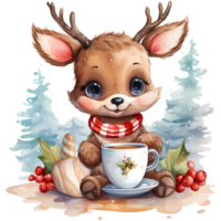 Cute cartoon reindeer with cup of coffee and christmas decoration AI Genrative png