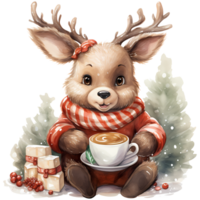 Cute cartoon reindeer with cup of coffee and christmas decoration AI Genrative png