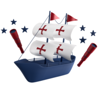 3d rendering of sailing boat for place on content of Happy Columbus Day, 3d icon set of Columbus Day with difference color png