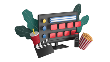 3d rendering of movie time at home using smart tv, suitable to web design, mobile design, 3d illustration png