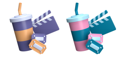 3d rendering of drinks at the cinema with optional color, movie time concept, suitable for web design, mobile design, social media content, 3d icons png