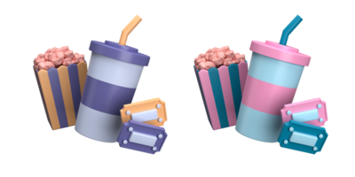 3d rendering of drinks at the cinema with optional color, movie time concept, suitable for web design, mobile design, social media content, 3d icons png