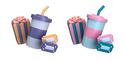 3d rendering of drinks at the cinema with optional color, movie time concept, suitable for web design, mobile design, social media content, 3d icons png